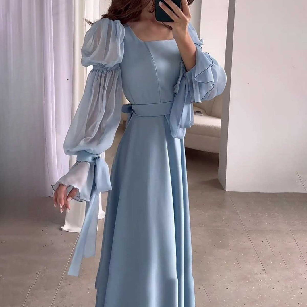 Women's Puff Sleeve Square Neck Fall Midi Dress Ruffle Organza