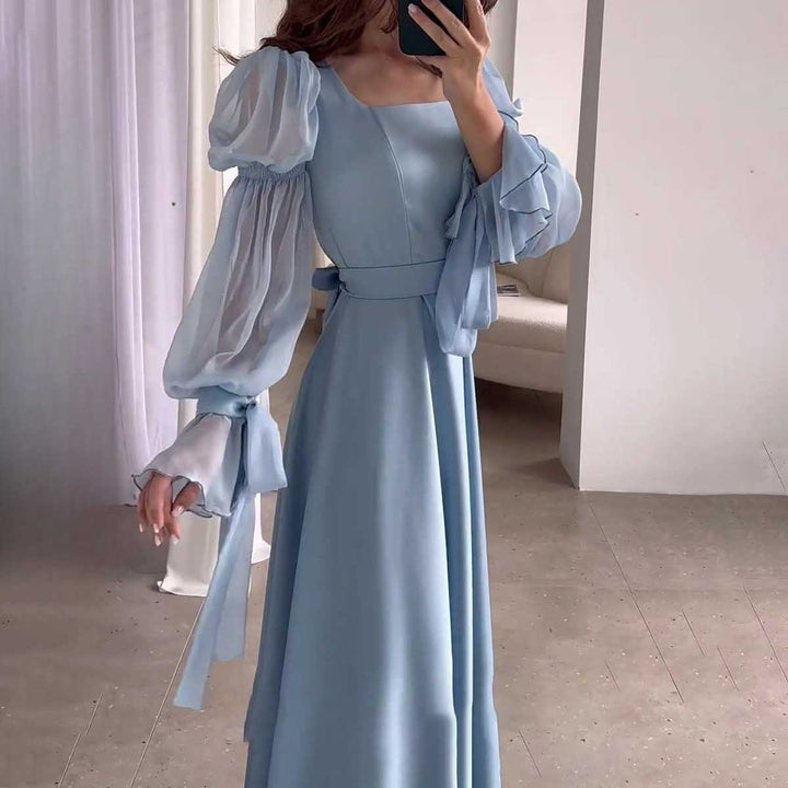 Women's Puff Sleeve Square Neck Fall Midi Dress Ruffle Organza