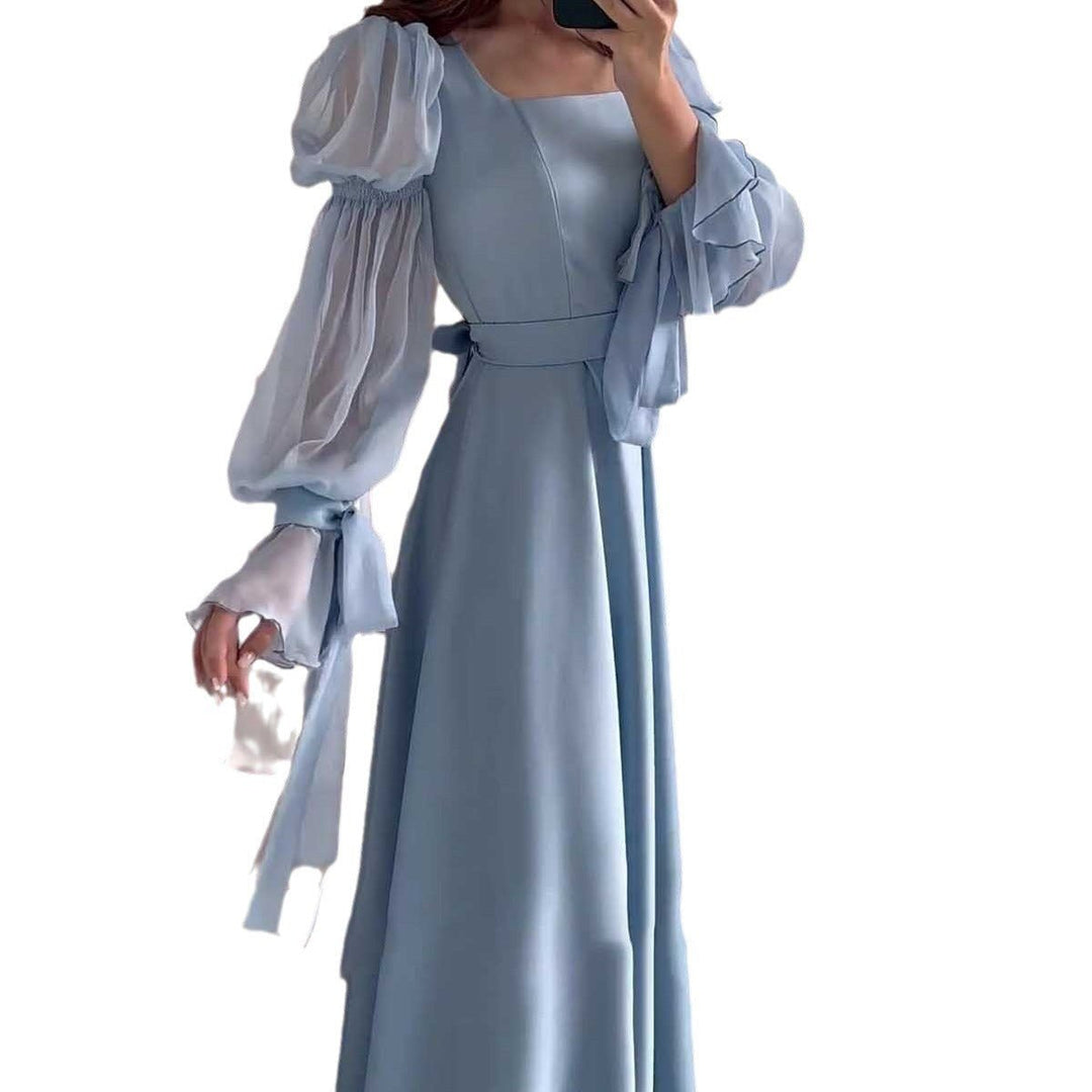 Women's Puff Sleeve Square Neck Fall Midi Dress Ruffle Organza