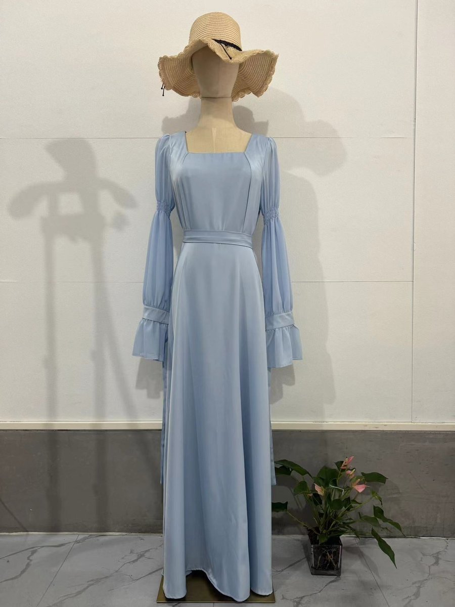 Women's Puff Sleeve Square Neck Fall Midi Dress Ruffle Organza