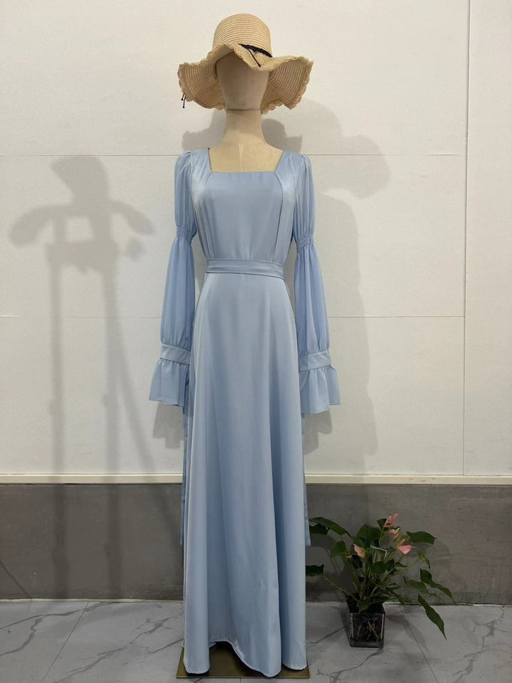 Women's Puff Sleeve Square Neck Fall Midi Dress Ruffle Organza