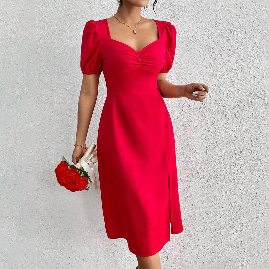 Women's Puff Sleeve Sweetheart Fall Midi Dress Side Slit