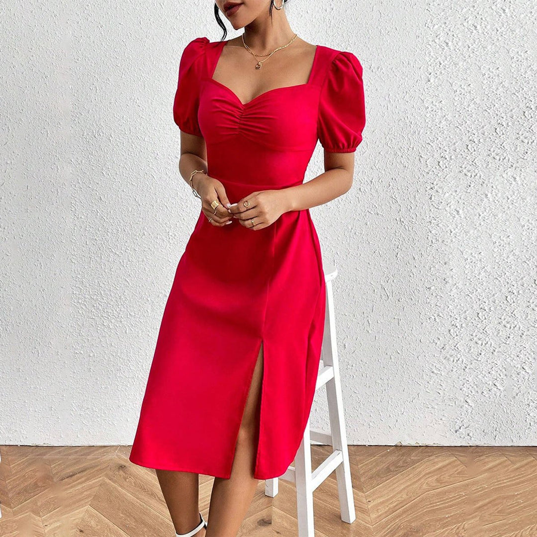 Women's Puff Sleeve Sweetheart Fall Midi Dress Side Slit
