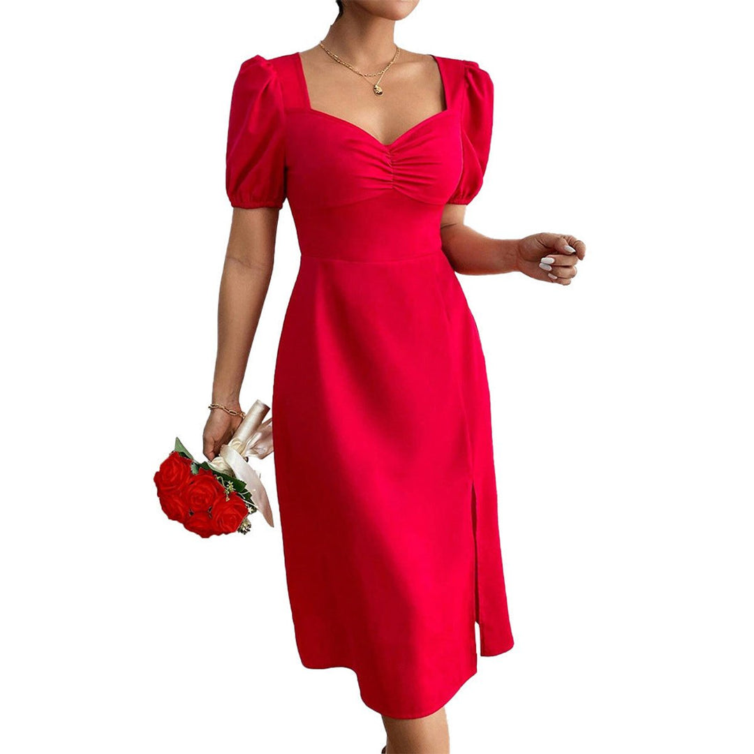 Women's Puff Sleeve Sweetheart Fall Midi Dress Side Slit