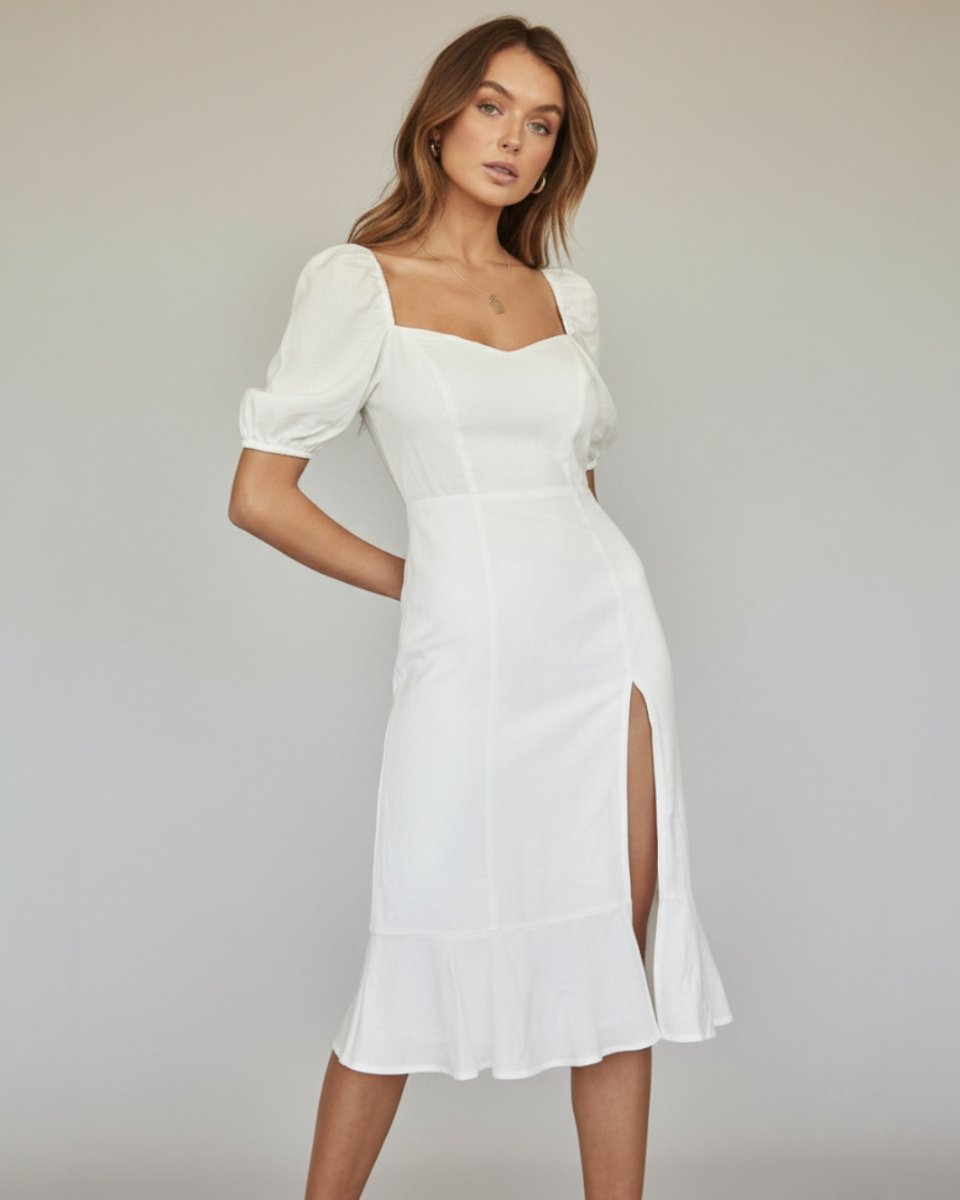 Women's Puff Sleeve Sweetheart Midi Formal Dress Side Slit