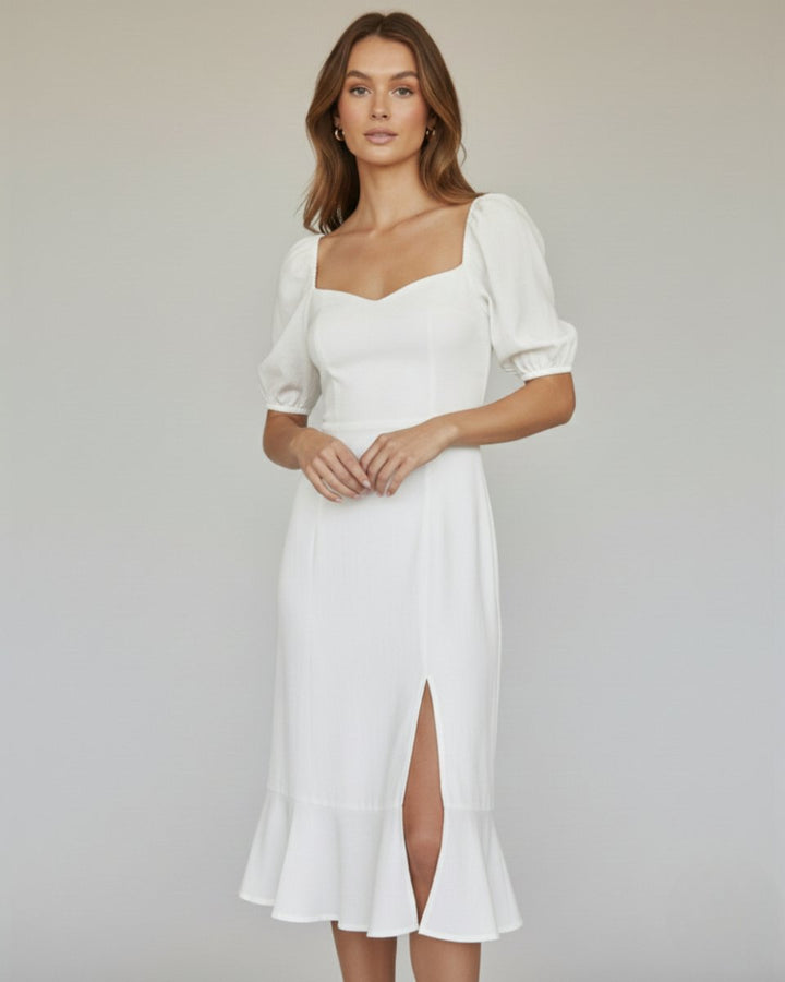 Women's Puff Sleeve Sweetheart Midi Formal Dress Side Slit