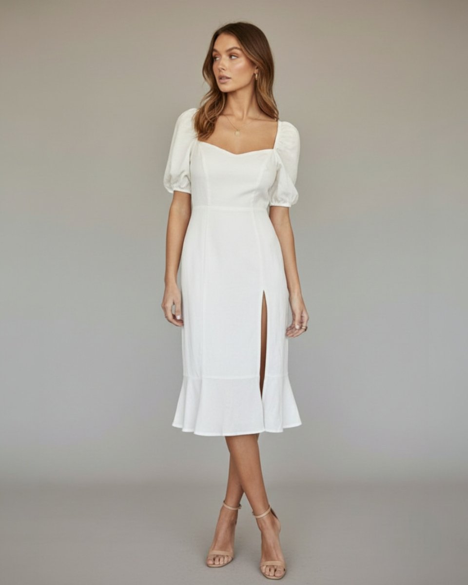 Women's Puff Sleeve Sweetheart Midi Formal Dress Side Slit