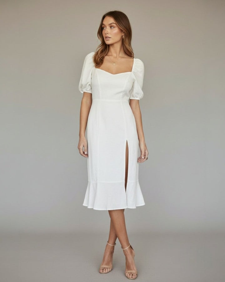 Women's Puff Sleeve Sweetheart Midi Formal Dress Side Slit