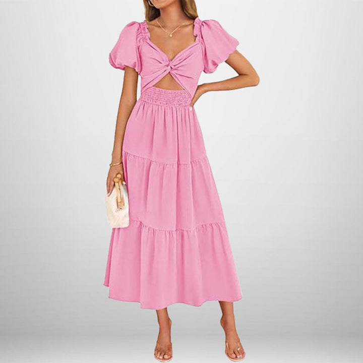 Women's Puff Sleeve Tie-Front Cutout Fall Midi Dress Smocked Waist