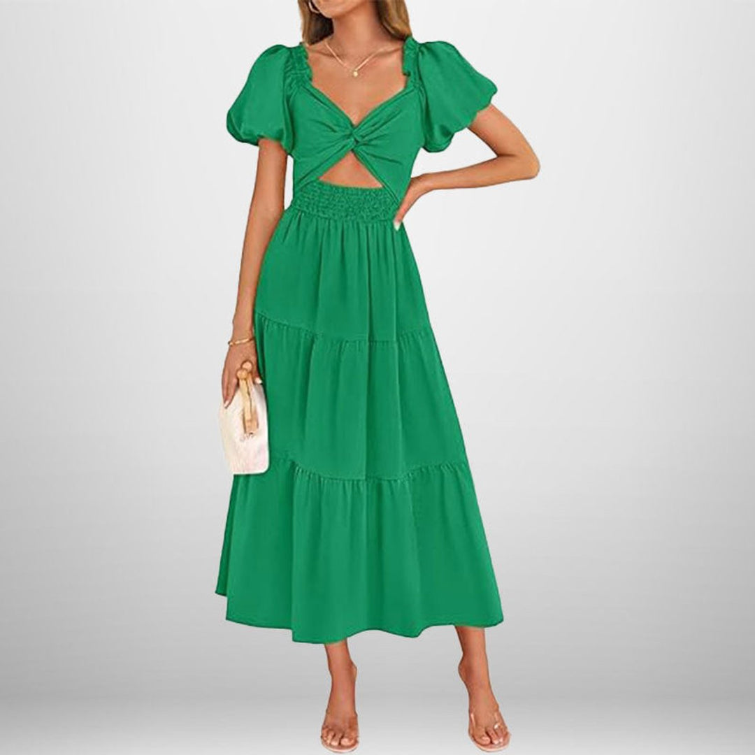 Women's Puff Sleeve Tie-Front Cutout Fall Midi Dress Smocked Waist