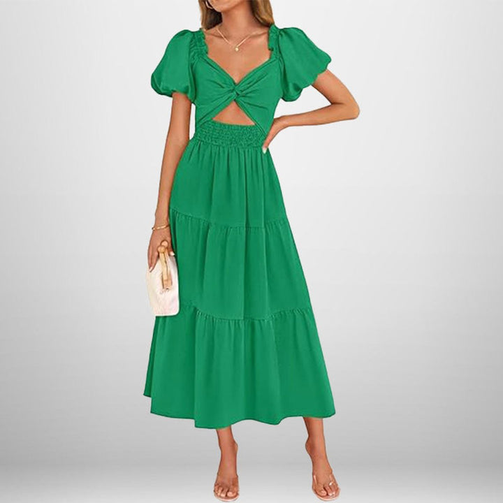 Women's Puff Sleeve Tie-Front Cutout Fall Midi Dress Smocked Waist