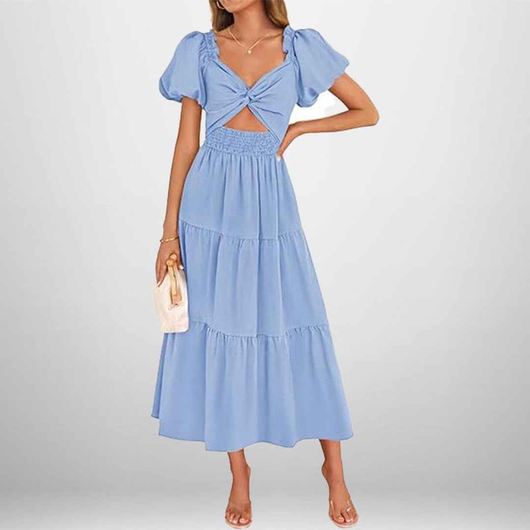 Women's Puff Sleeve Tie-Front Cutout Fall Midi Dress Smocked Waist