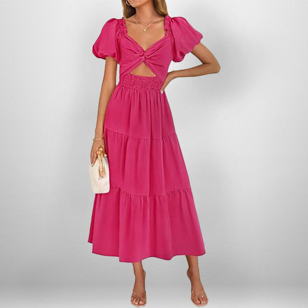Women's Puff Sleeve Tie-Front Cutout Fall Midi Dress Smocked Waist