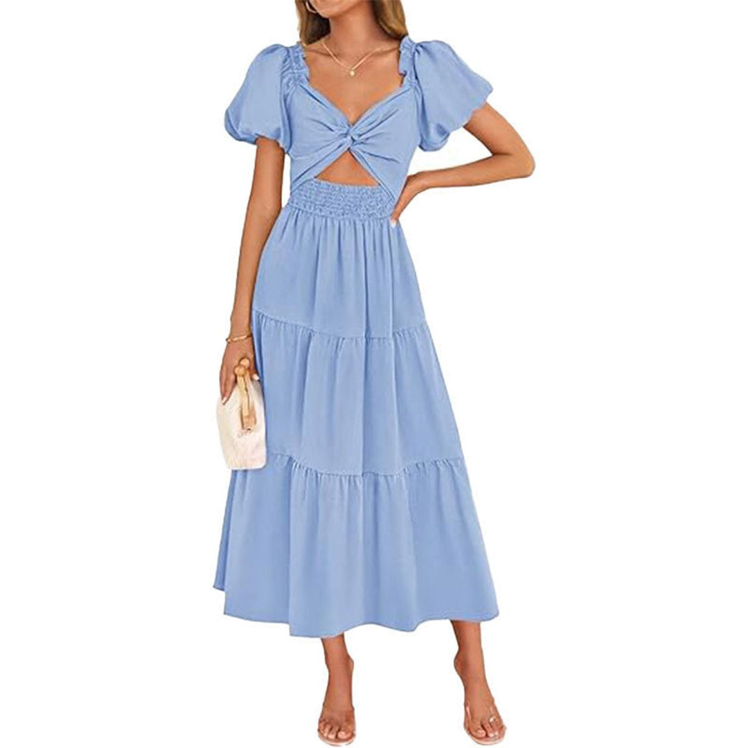 Women's Puff Sleeve Tie-Front Cutout Fall Midi Dress Smocked Waist