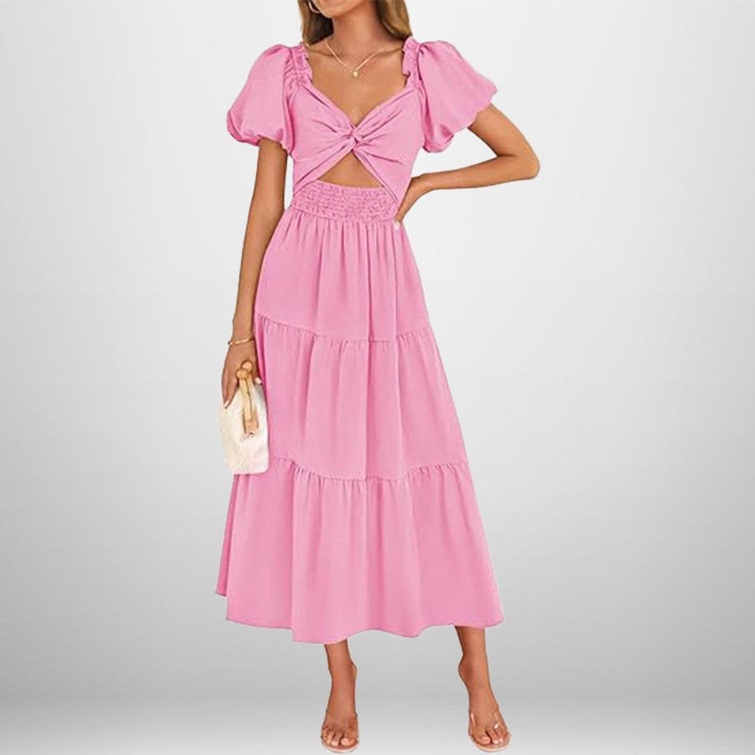 Women's Puff Sleeve Tie-Front Cutout Fall Midi Dress Smocked Waist