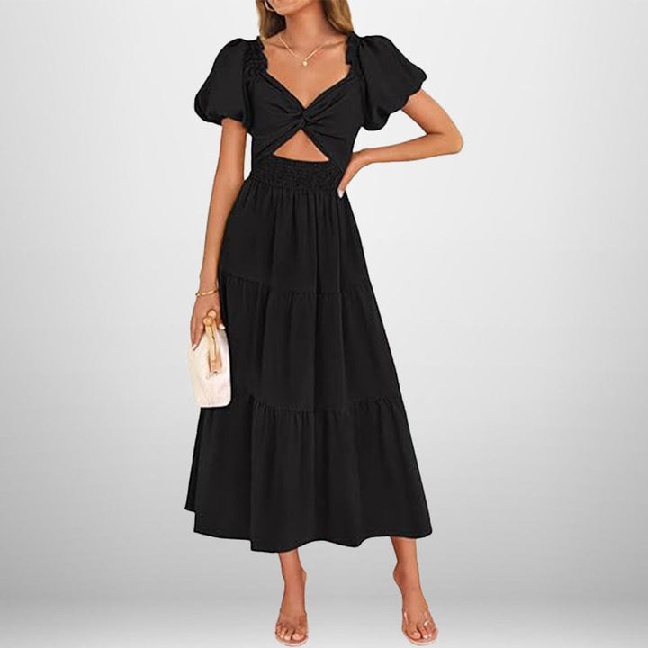 Women's Puff Sleeve Tie-Front Cutout Fall Midi Dress Smocked Waist