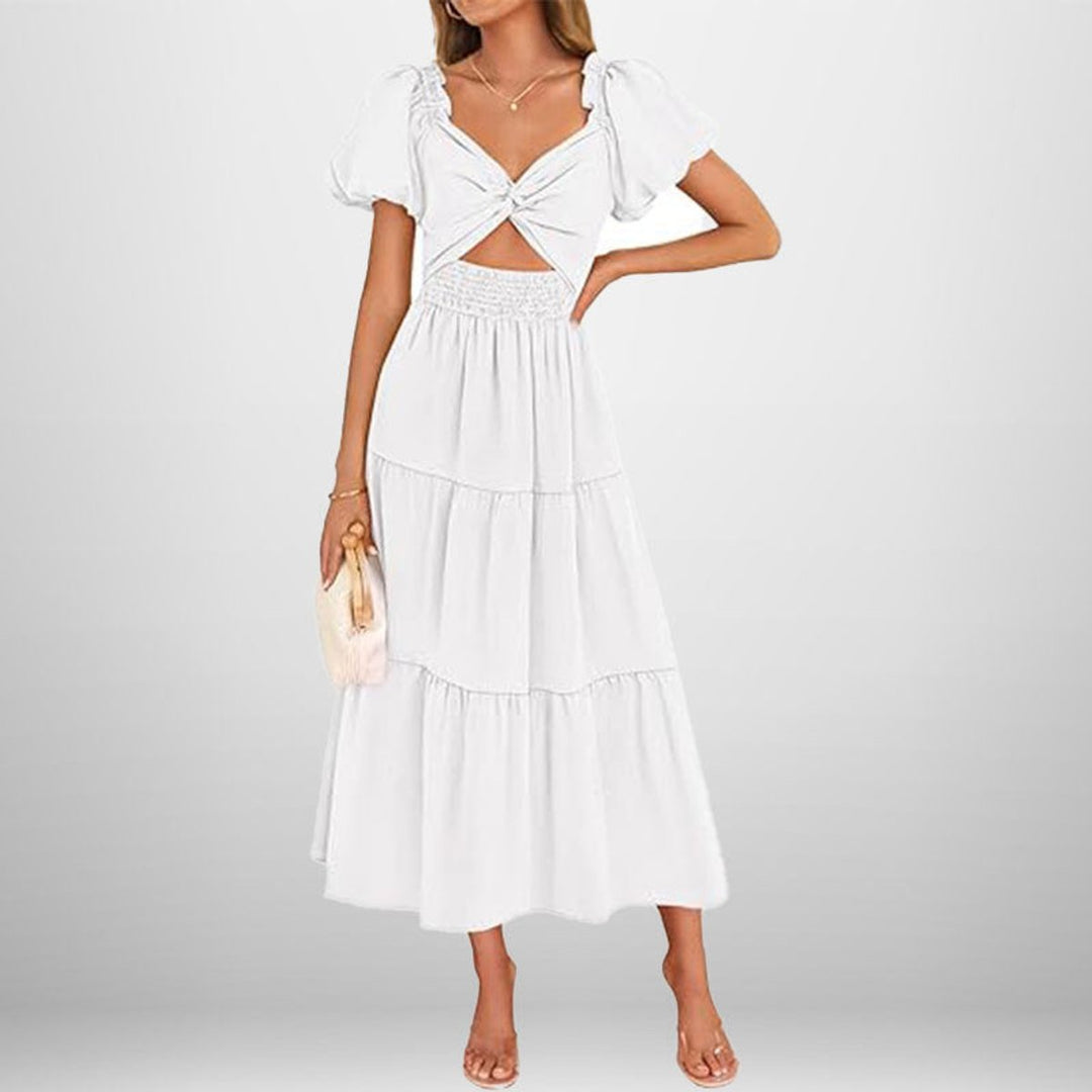 Women's Puff Sleeve Tie-Front Cutout Fall Midi Dress Smocked Waist