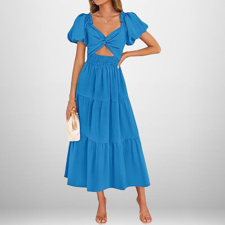 Women's Puff Sleeve Tie-Front Cutout Fall Midi Dress Smocked Waist