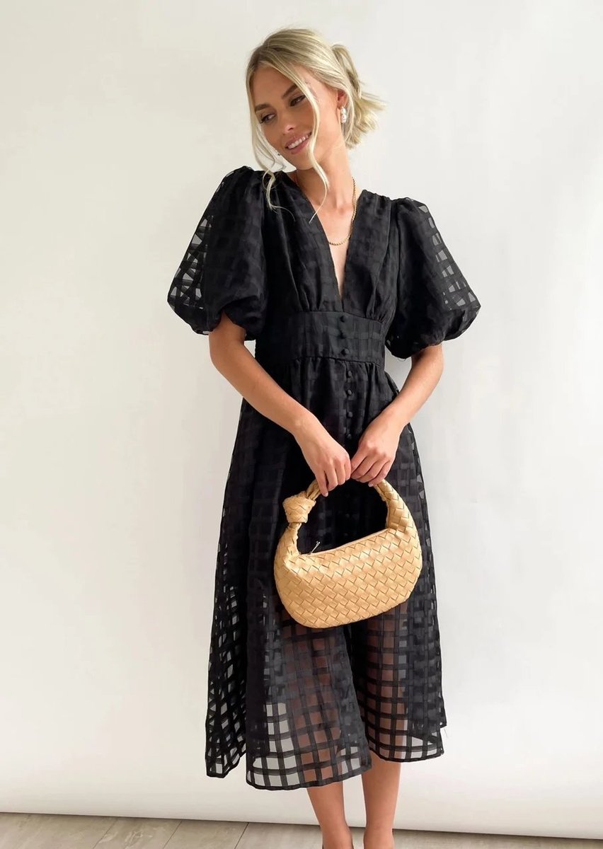 Women's Puff-Sleeve V-Neck A-Line Fall Midi Dress