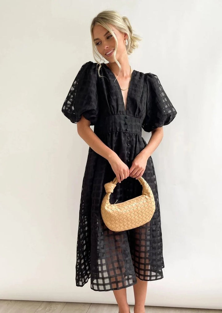 Women's Puff-Sleeve V-Neck A-Line Fall Midi Dress
