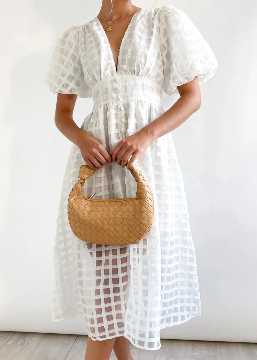 Women's Puff-Sleeve V-Neck A-Line Fall Midi Dress