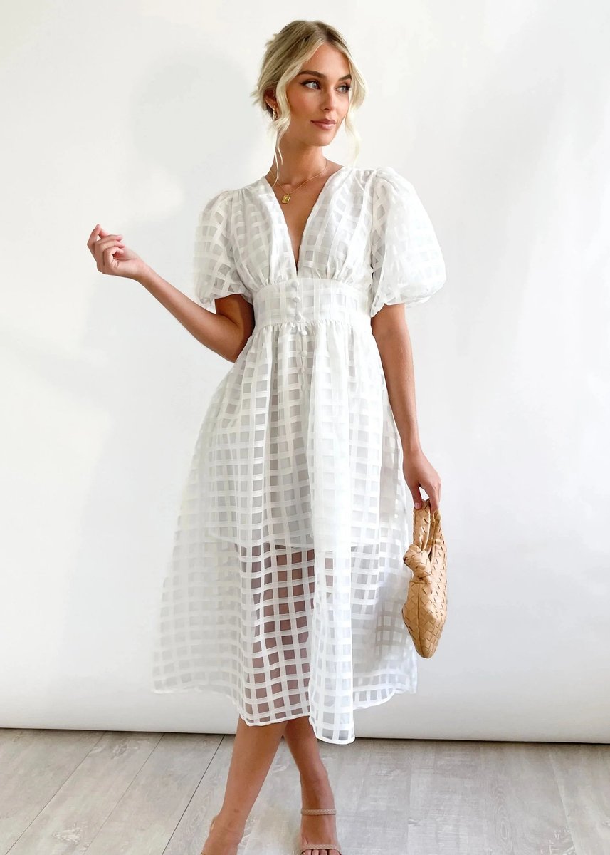 Women's Puff-Sleeve V-Neck A-Line Fall Midi Dress