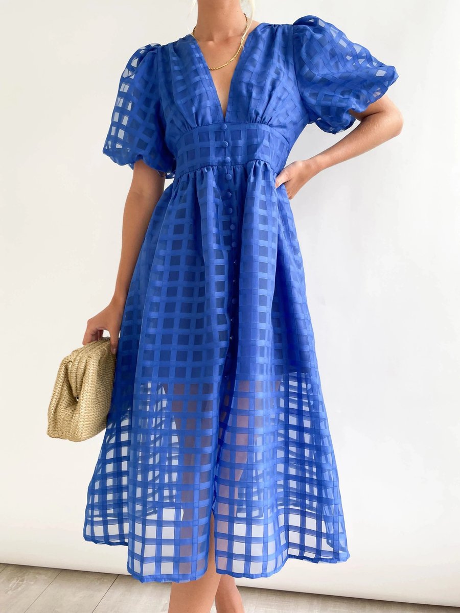 Women's Puff-Sleeve V-Neck A-Line Fall Midi Dress