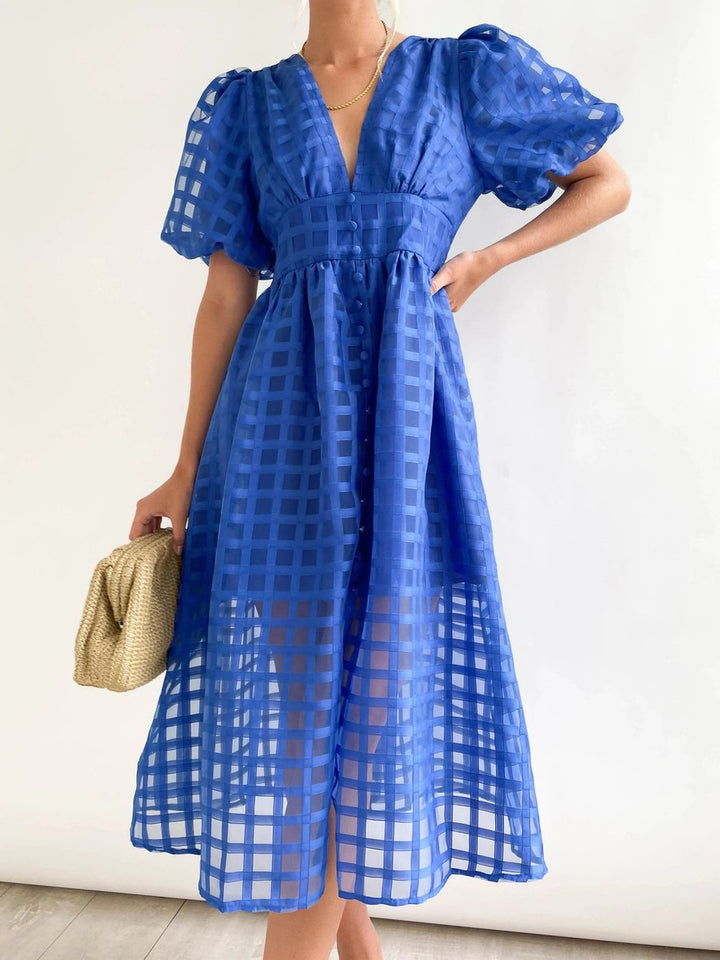 Women's Puff-Sleeve V-Neck A-Line Fall Midi Dress