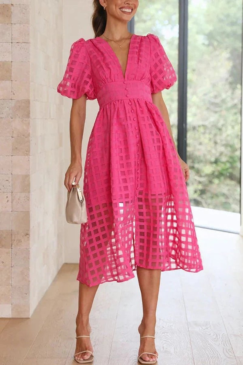Women's Puff-Sleeve V-Neck A-Line Fall Midi Dress