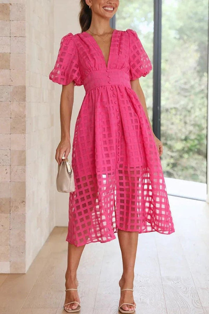 Women's Puff-Sleeve V-Neck A-Line Fall Midi Dress