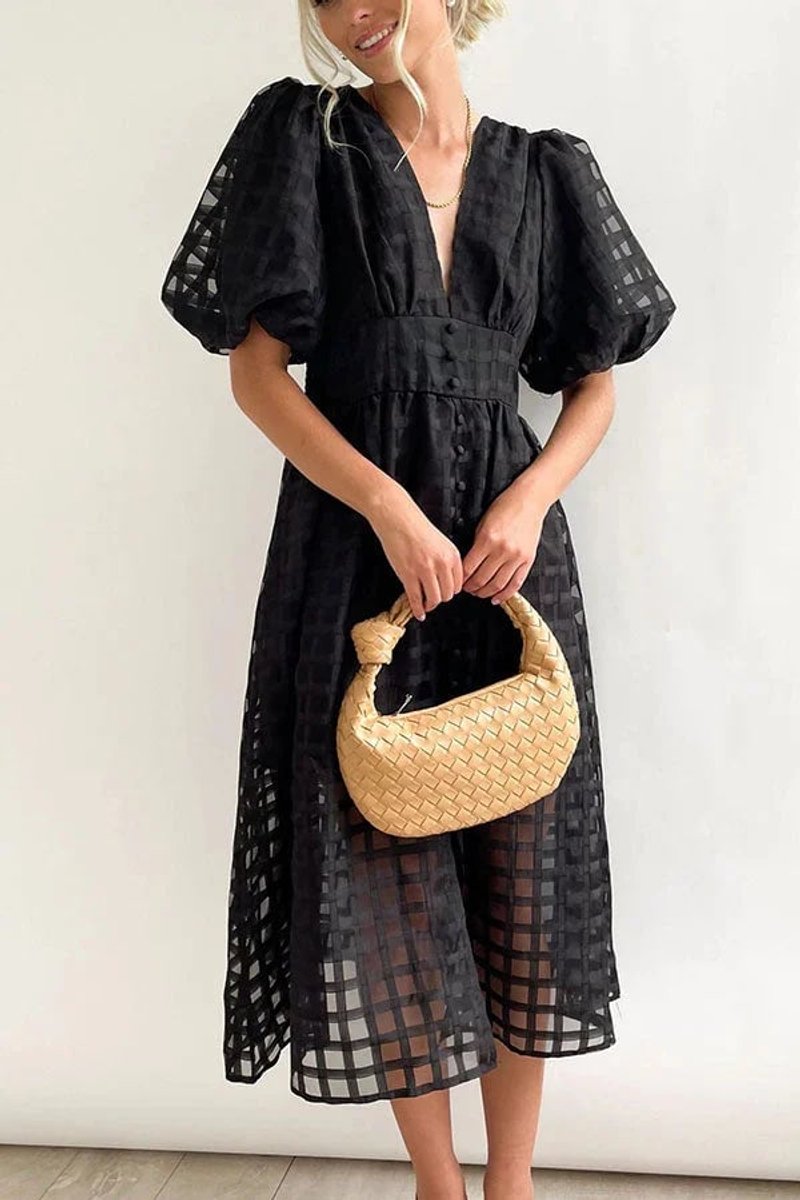 Women's Puff-Sleeve V-Neck A-Line Fall Midi Dress