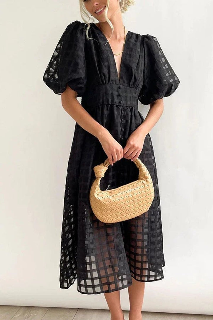 Women's Puff-Sleeve V-Neck A-Line Fall Midi Dress