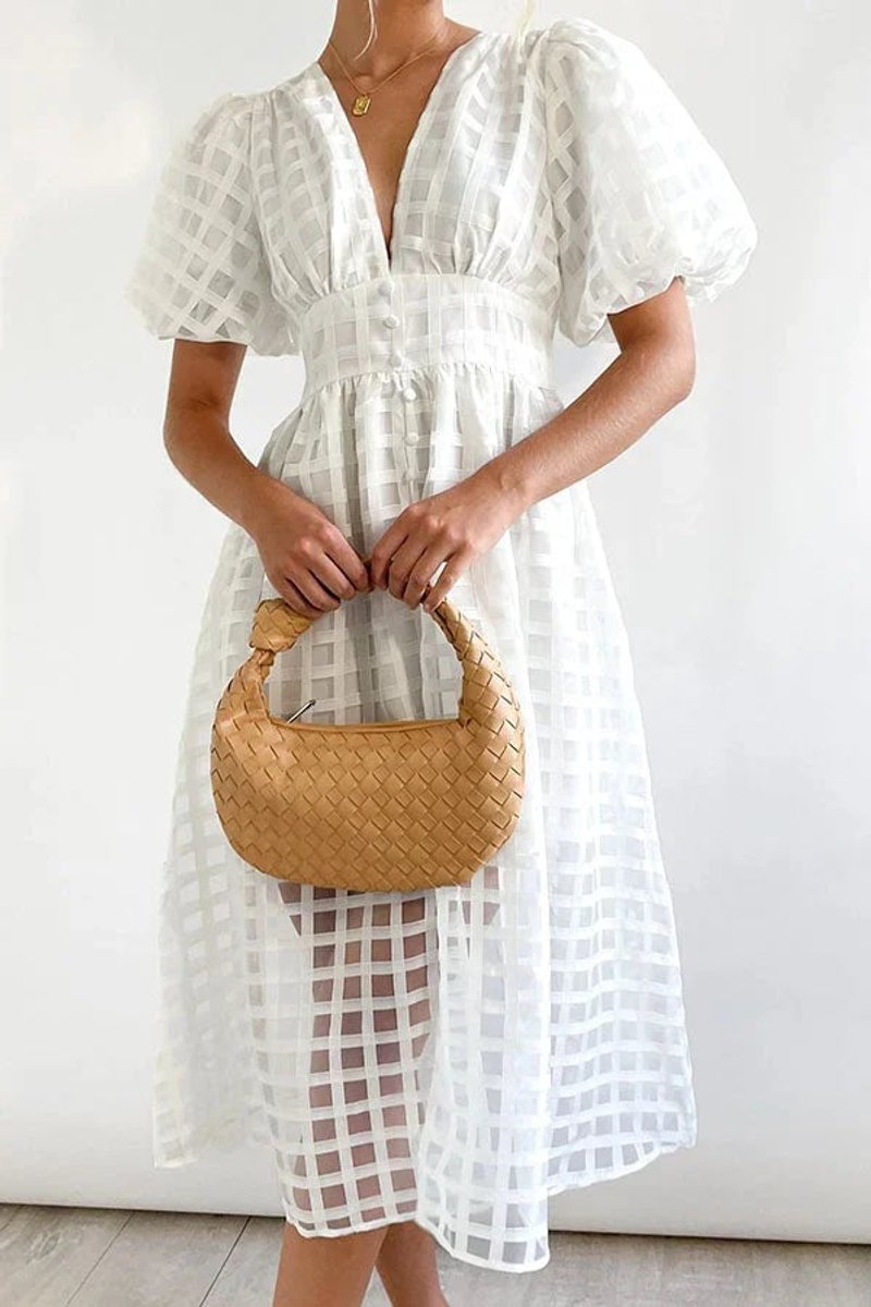 Women's Puff-Sleeve V-Neck A-Line Fall Midi Dress