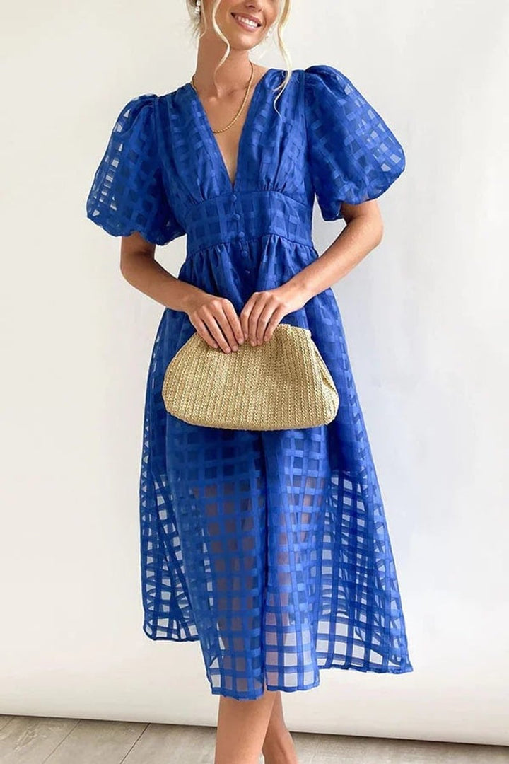 Women's Puff-Sleeve V-Neck A-Line Fall Midi Dress