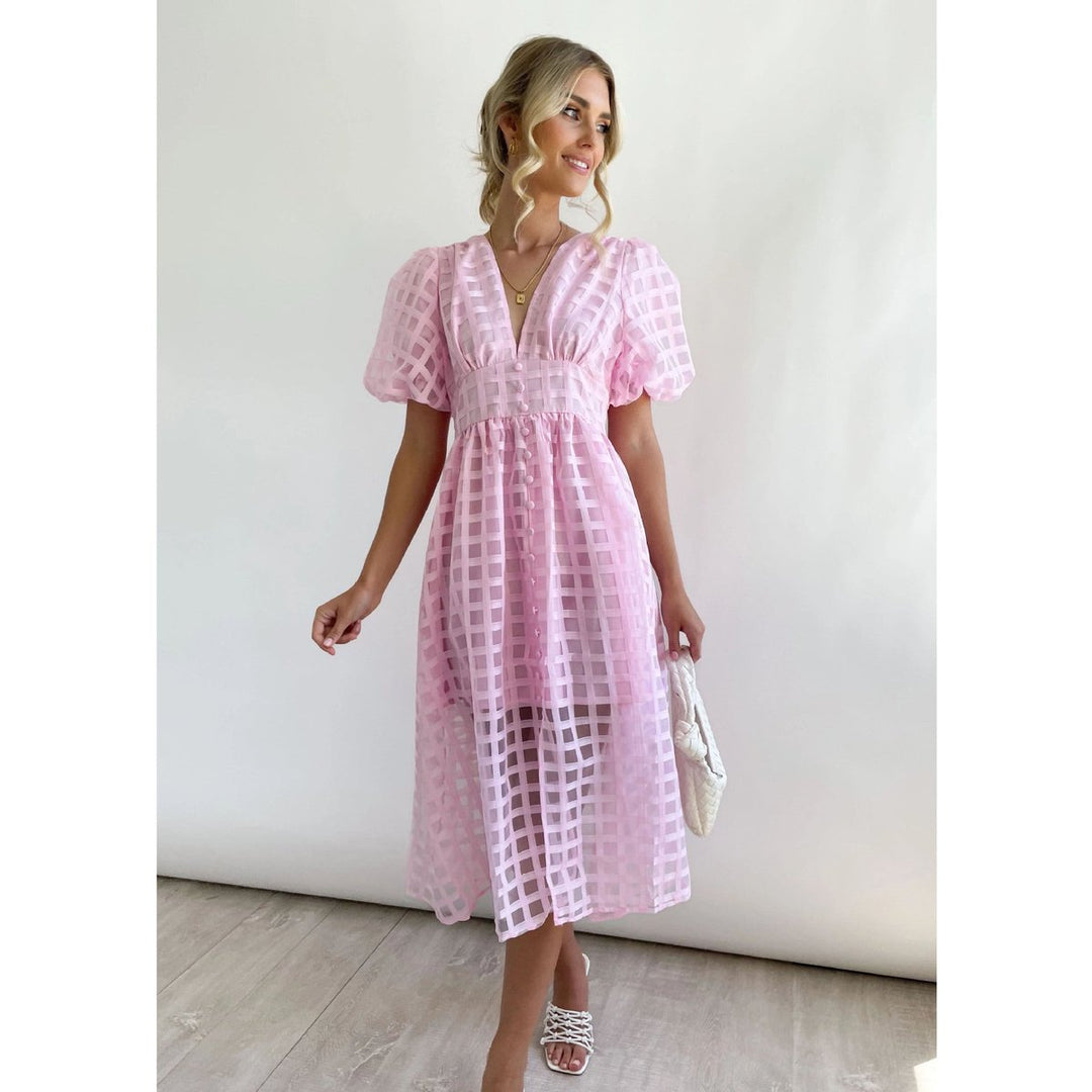 Women's Puff-Sleeve V-Neck A-Line Fall Midi Dress
