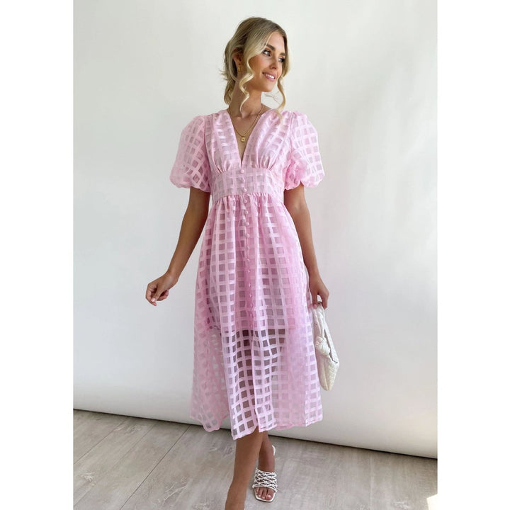 Women's Puff-Sleeve V-Neck A-Line Fall Midi Dress