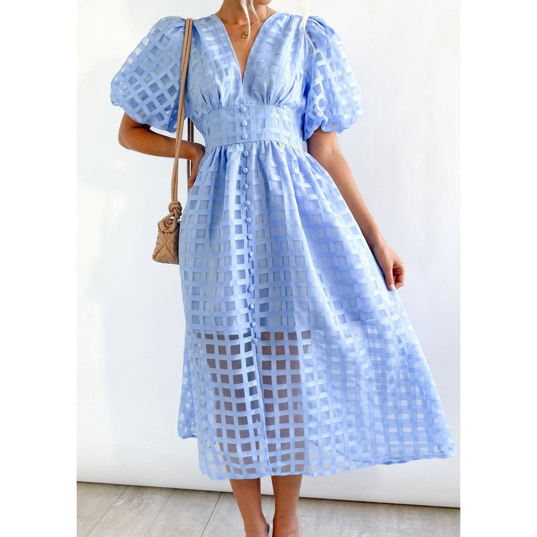 Women's Puff-Sleeve V-Neck A-Line Fall Midi Dress