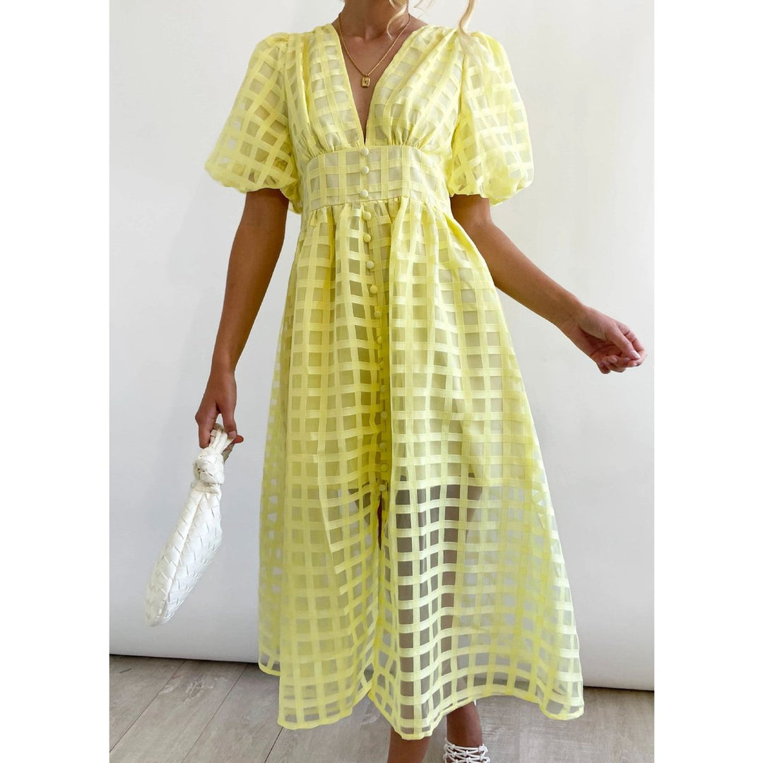 Women's Puff-Sleeve V-Neck A-Line Fall Midi Dress