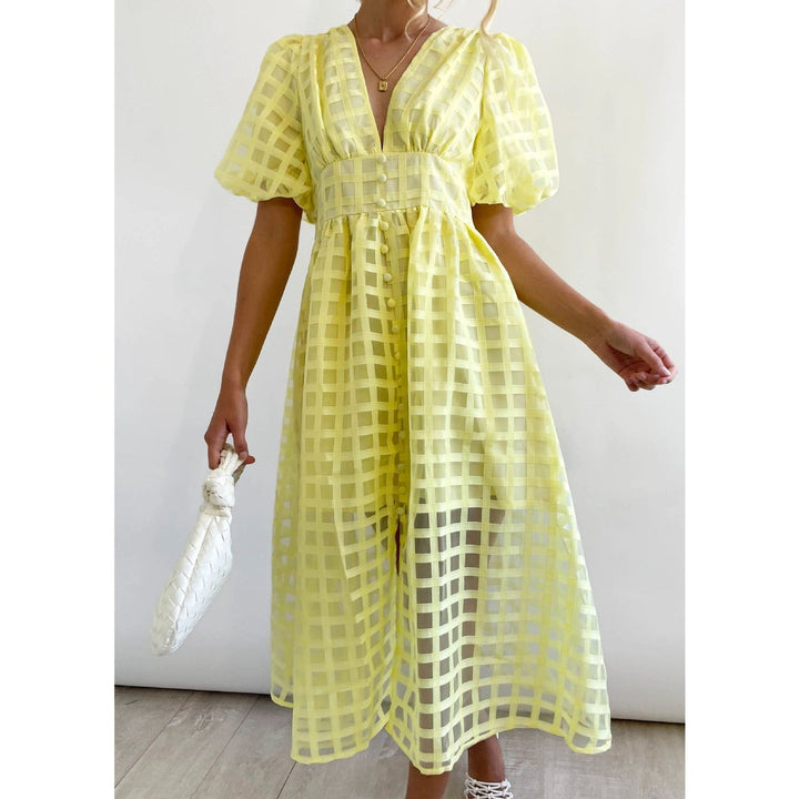 Women's Puff-Sleeve V-Neck A-Line Fall Midi Dress