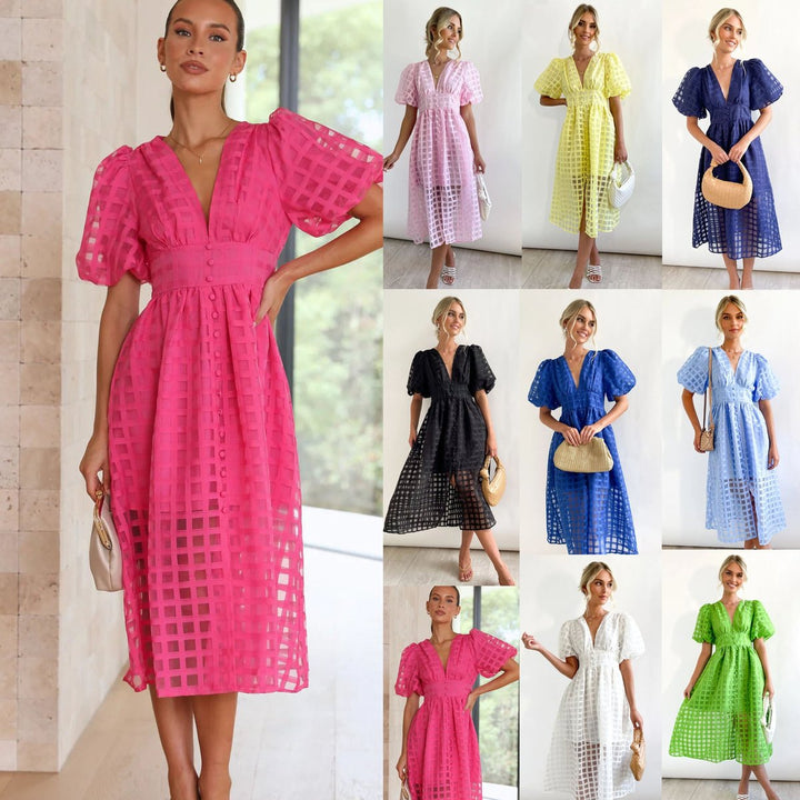Women's Puff-Sleeve V-Neck A-Line Fall Midi Dress