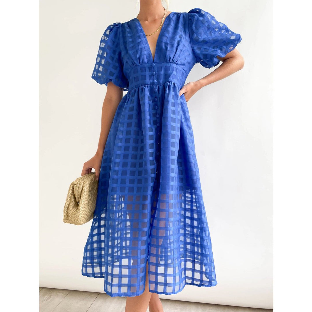 Women's Puff-Sleeve V-Neck A-Line Fall Midi Dress