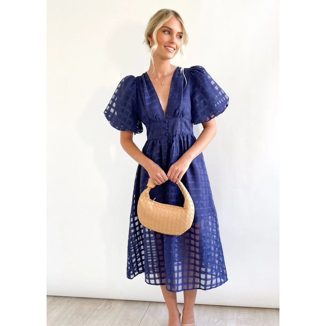 Women's Puff-Sleeve V-Neck A-Line Fall Midi Dress