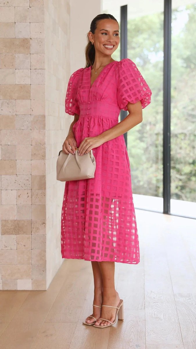 Women's Puff-Sleeve V-Neck A-Line Fall Midi Dress