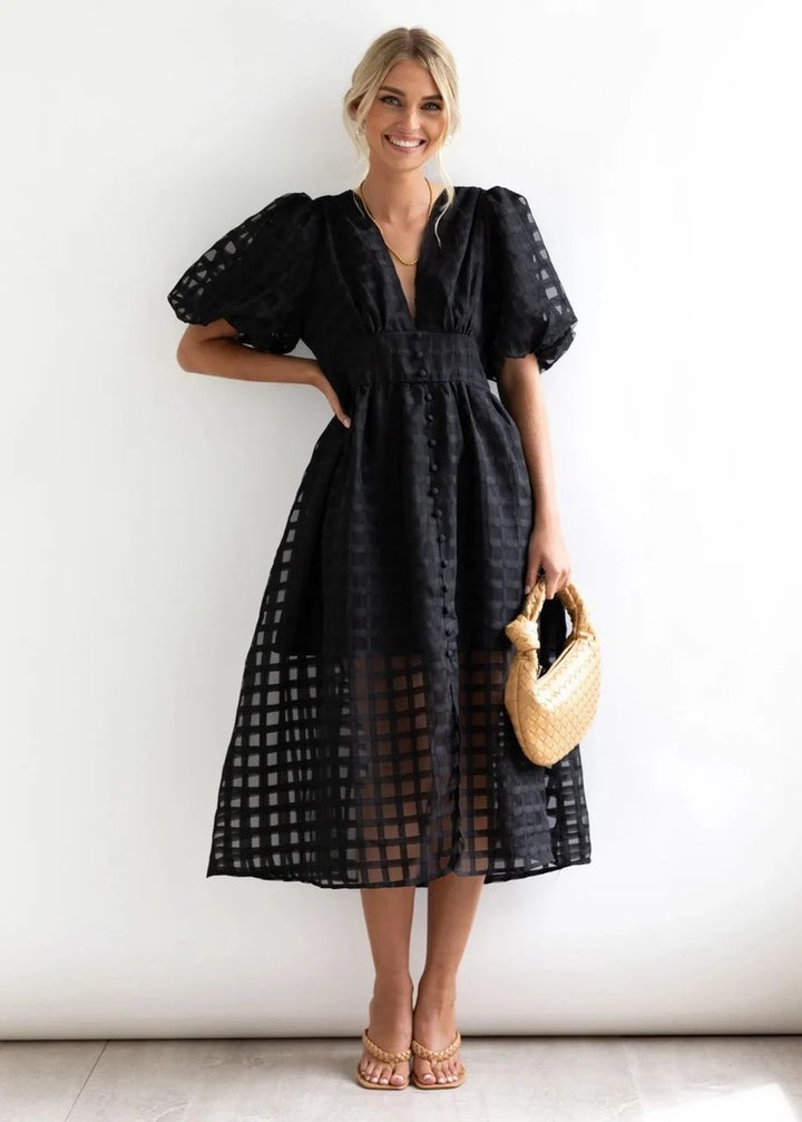 Women's Puff-Sleeve V-Neck A-Line Fall Midi Dress