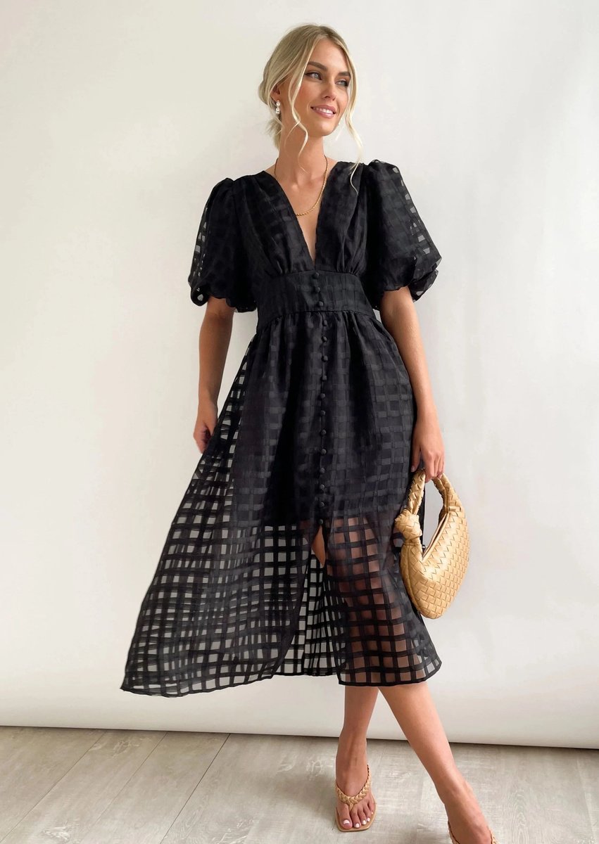 Women's Puff-Sleeve V-Neck A-Line Fall Midi Dress