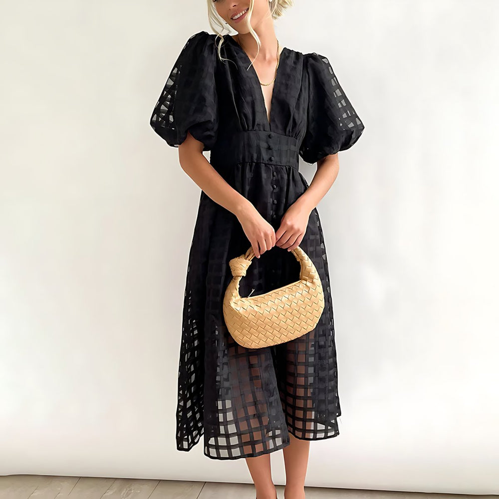 Women's Puff Sleeve V-Neck Checkered Fall Midi Dress