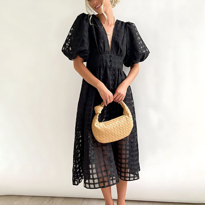 Women's Puff Sleeve V-Neck Checkered Fall Midi Dress