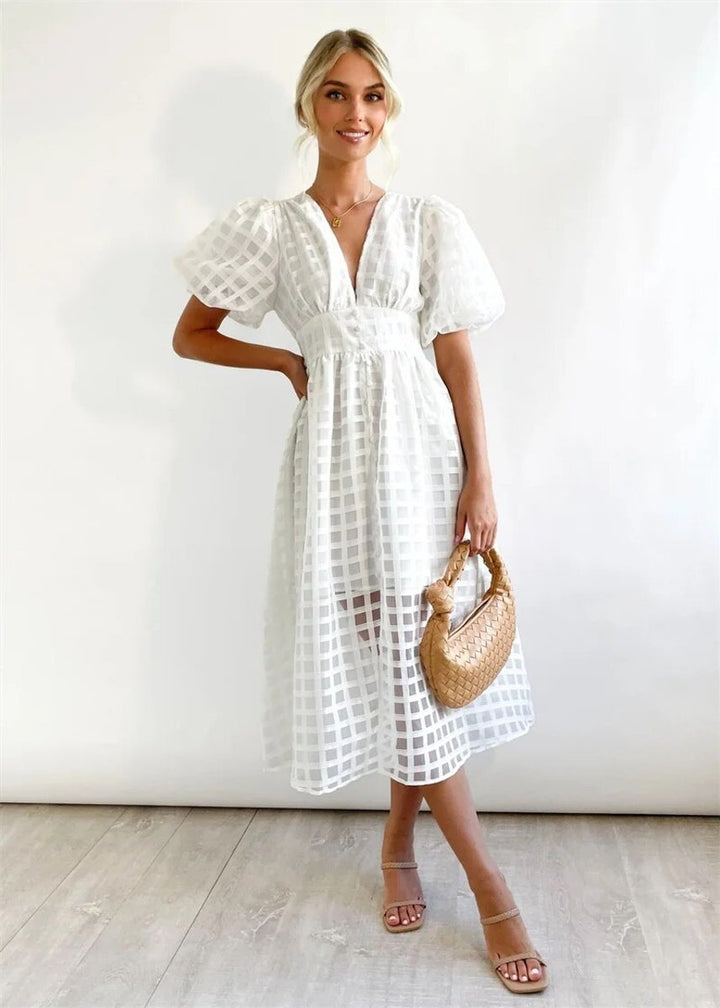 Women's Puff Sleeve V-Neck Checkered Fall Midi Dress