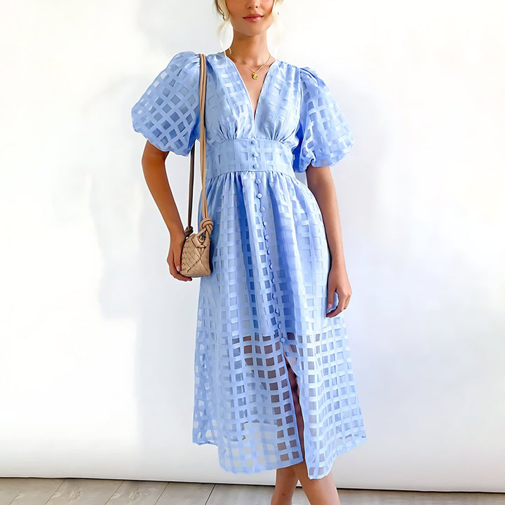 Women's Puff Sleeve V-Neck Checkered Fall Midi Dress