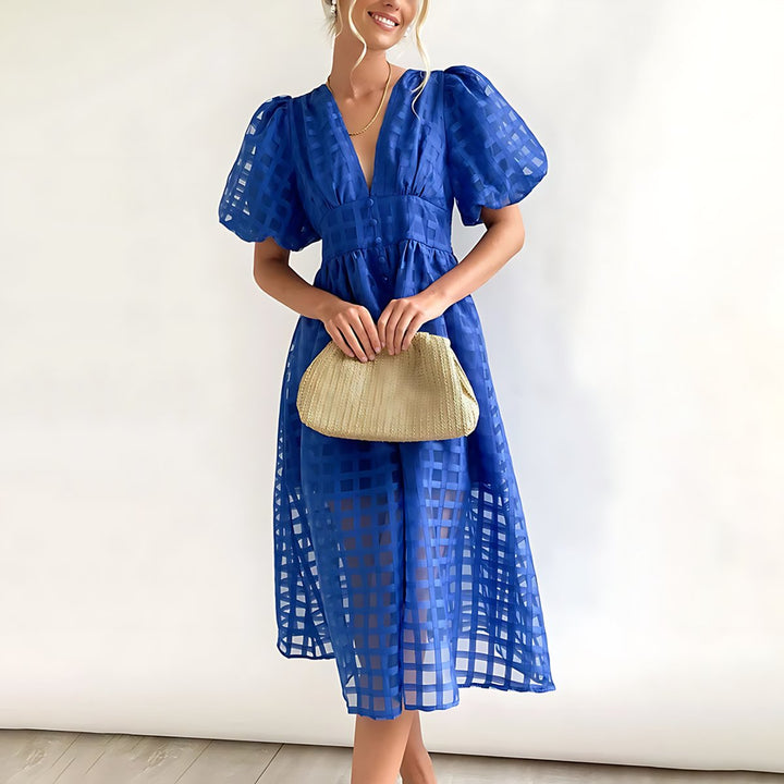 Women's Puff Sleeve V-Neck Checkered Fall Midi Dress